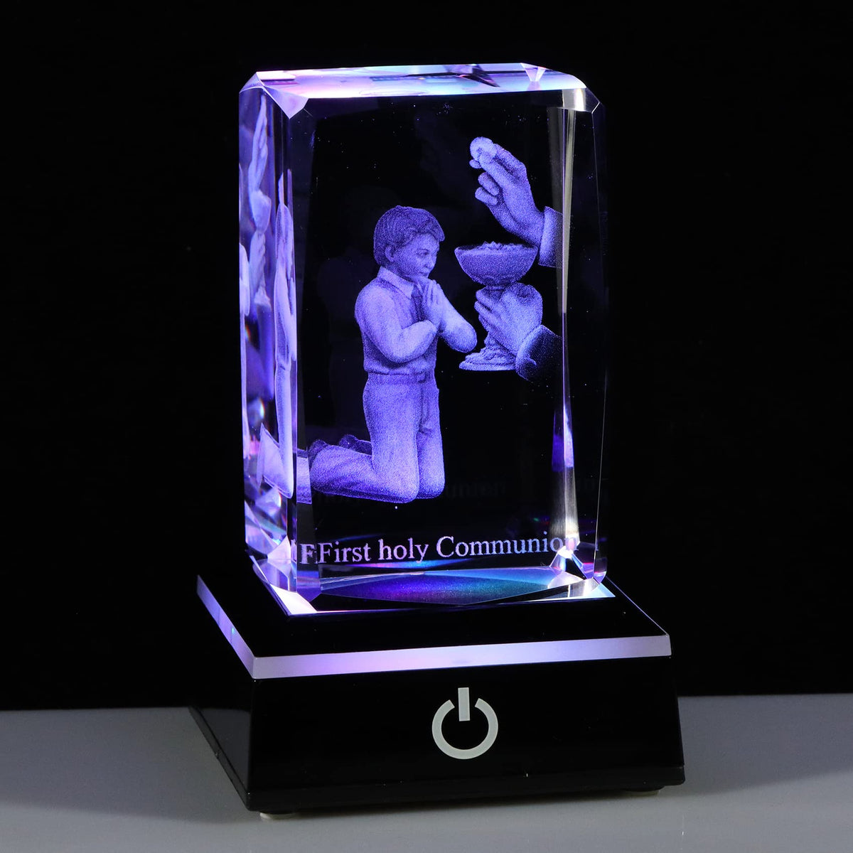 Qianwei 3D engraved crystal praying boy keepsake for display.