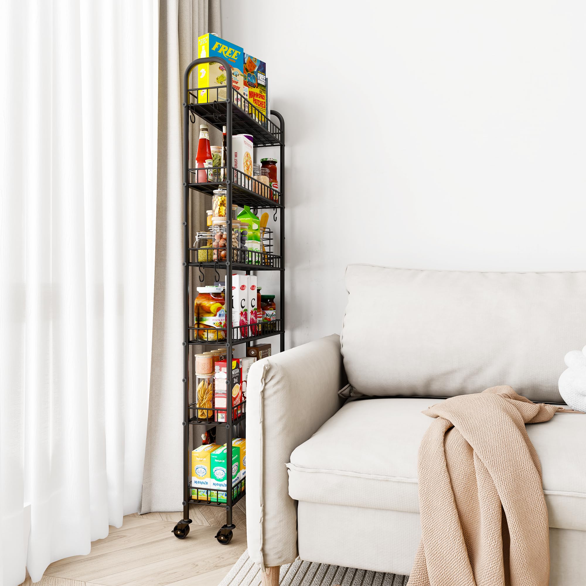 Qiaoxuan mobile storage for daily essentials and cleaning supplies.
