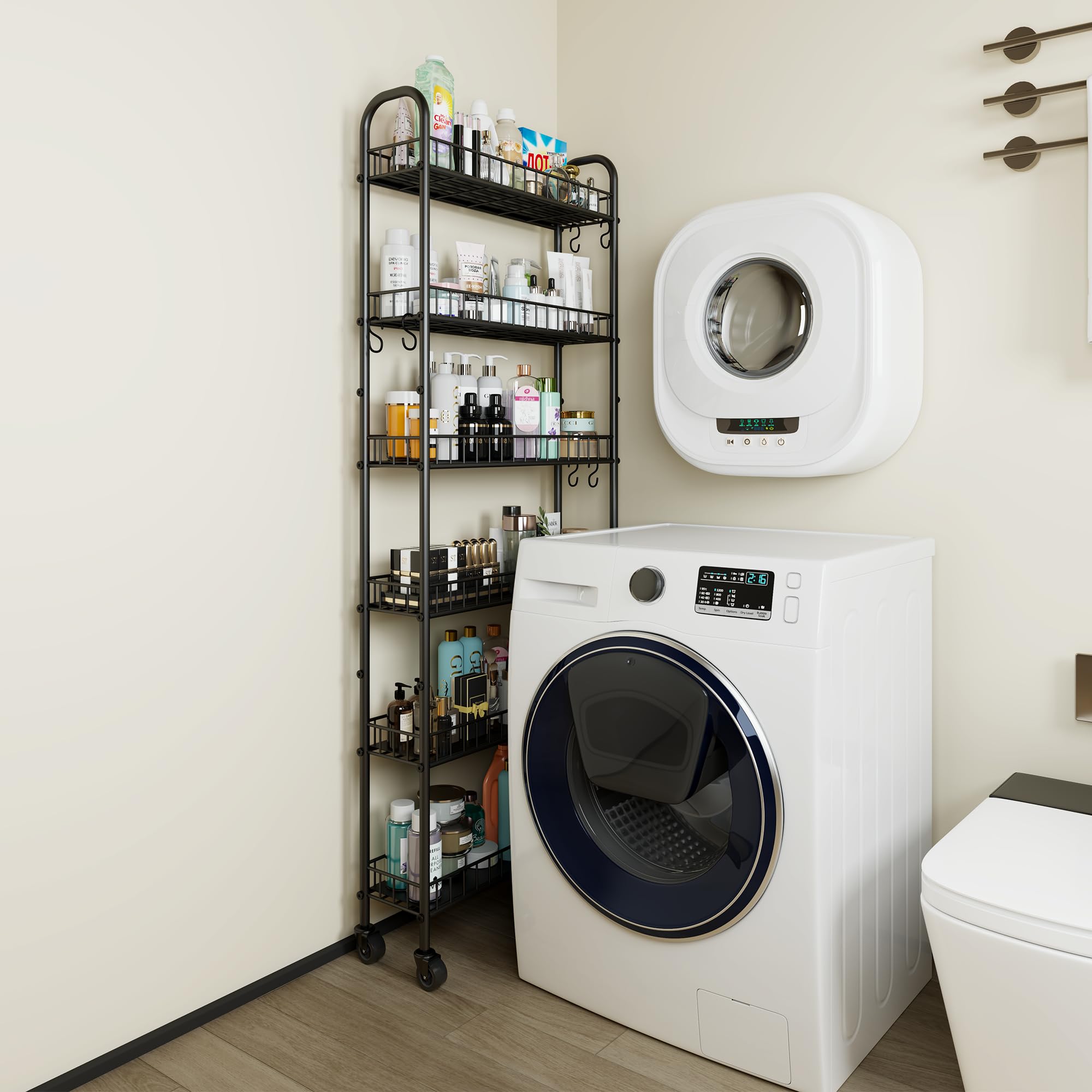 Qiaoxuan slim cart fits narrow doorways and between appliances for clutter control.