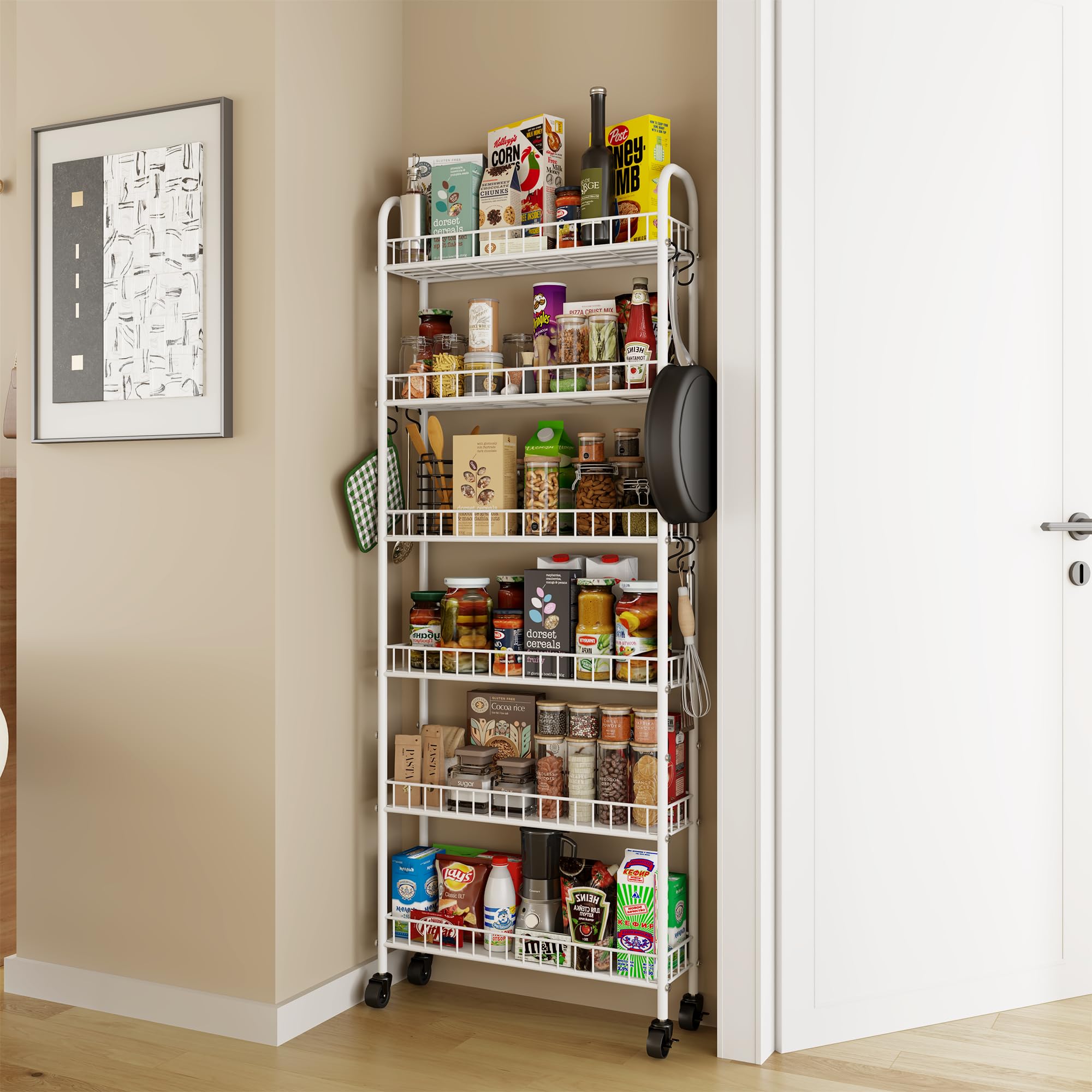 Qiaoxuan six-tier slim rolling cart wheels in action in kitchen.