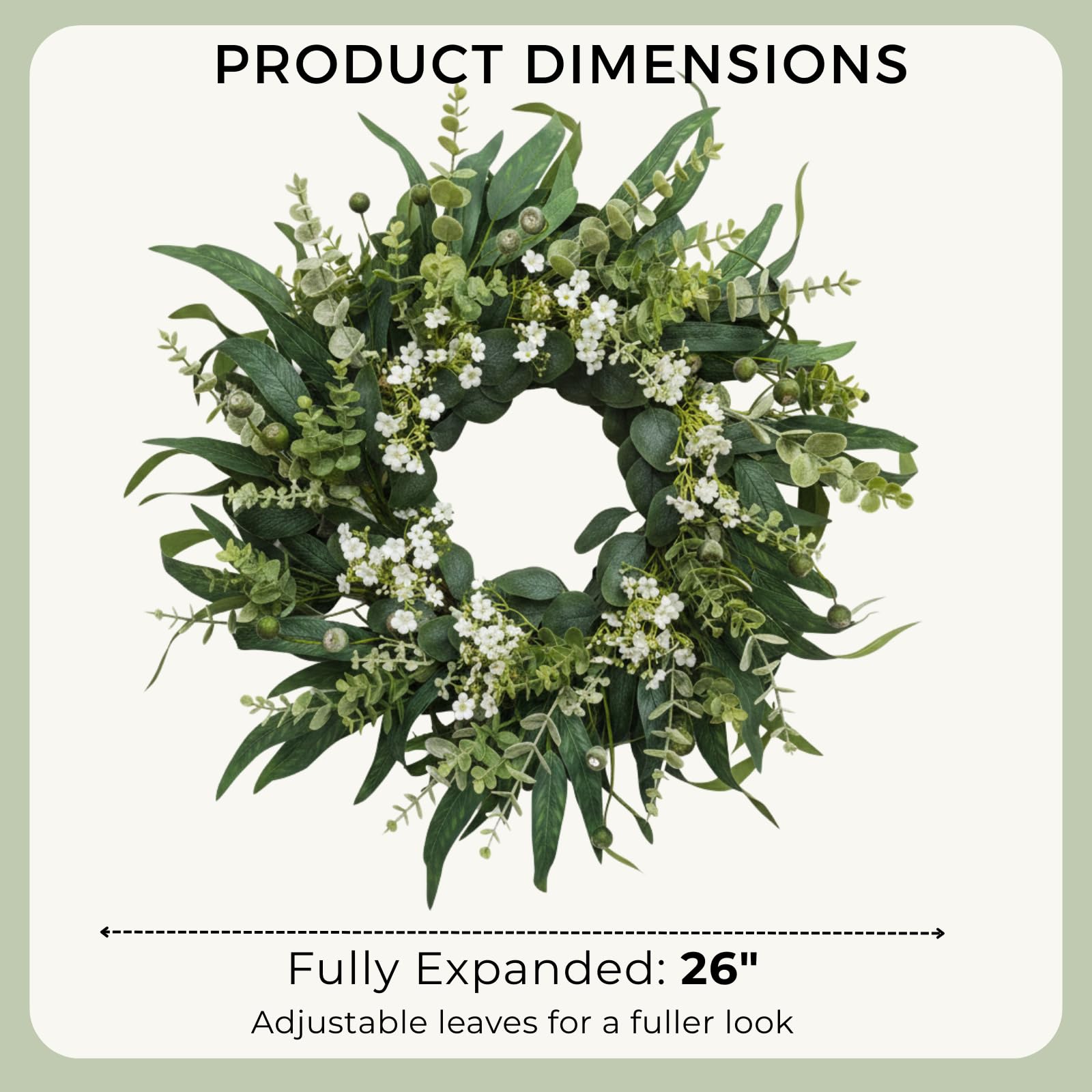 Qiexuxing 26-inch wreath fits most doors for balanced displays.