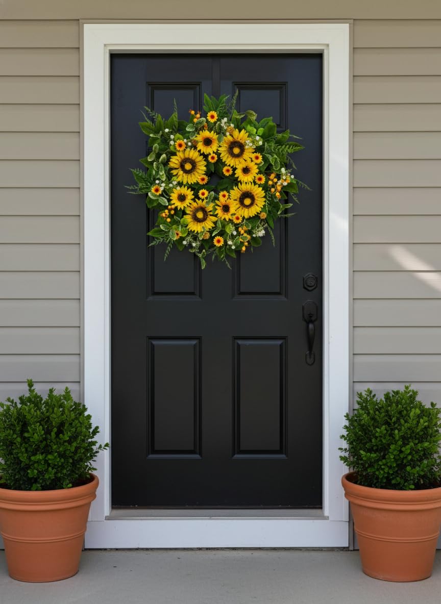 Qiexuxing handmade silk sunflowers wreath with lifelike petals for outdoor decor.