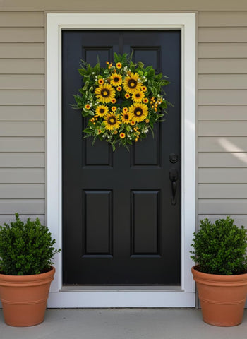 Qiexuxing handmade silk sunflowers wreath with lifelike petals for outdoor decor.