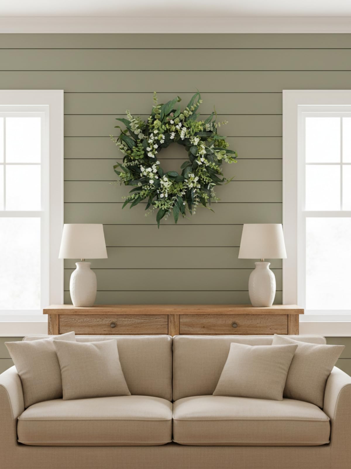 Qiexuxing year-round greenery wreath ideal for seasonal farmhouse decor.