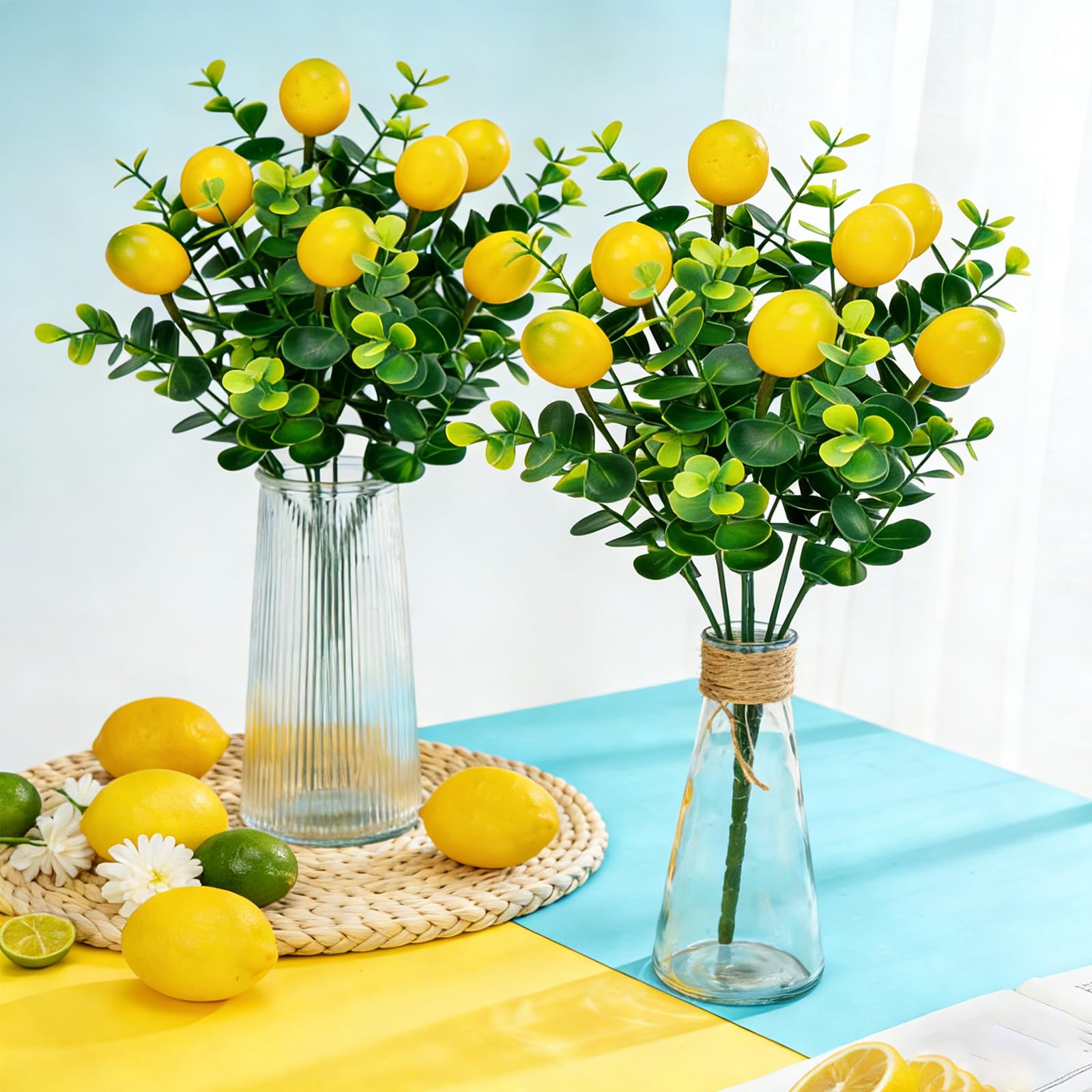 Qiknird artificial lemon branch in dining room centerpiece for warmth.