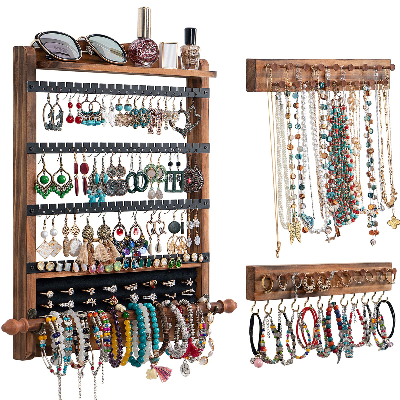 QILICHZ rustic wall jewelry organizer set neatly displays earrings and bracelets.