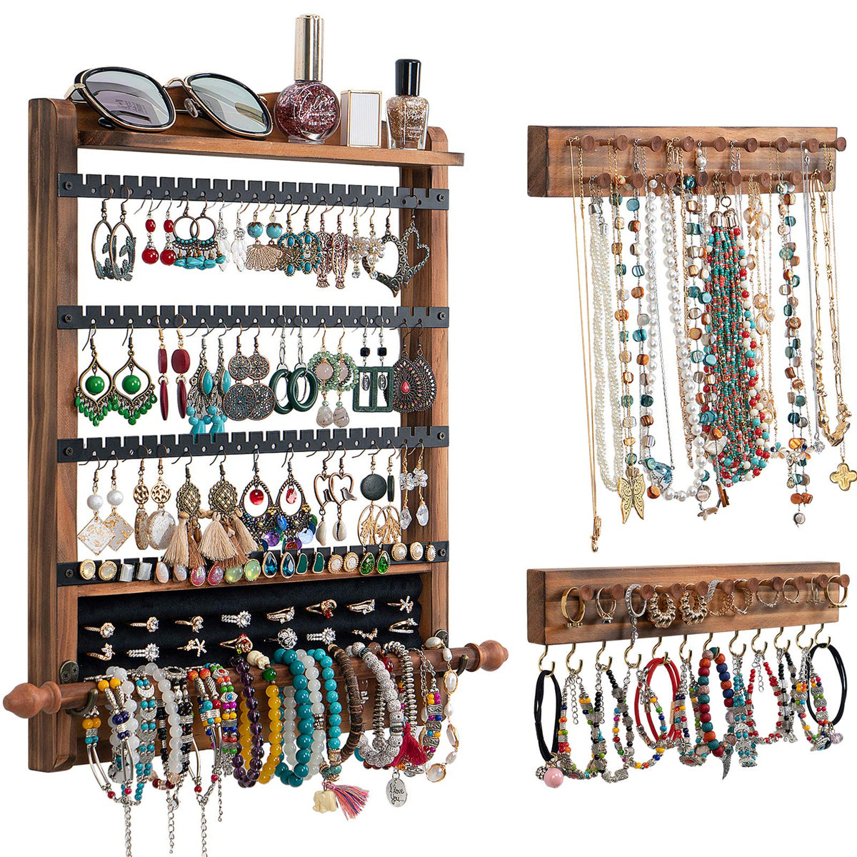 QILICHZ rustic wall jewelry organizer set neatly displays earrings and bracelets.