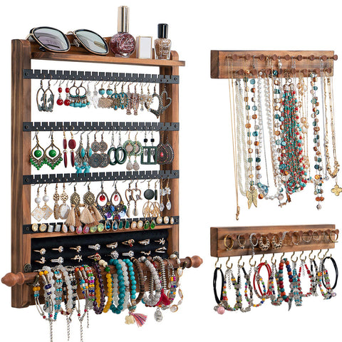 QILICHZ rustic wall jewelry organizer set neatly displays earrings and bracelets.