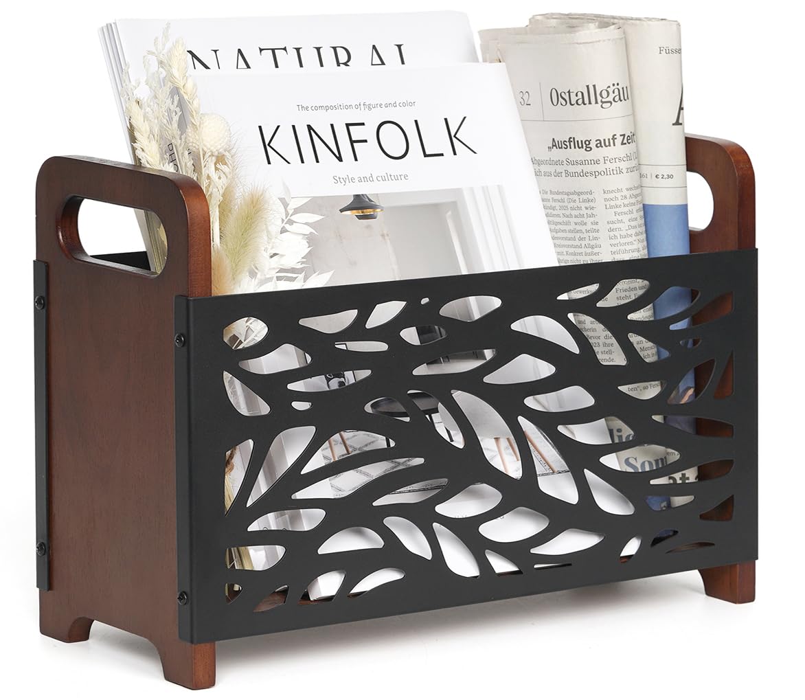 QILICHZ rustic wood magazine holder front view for living rooms.