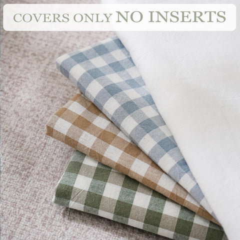 Qilunn two-pack plaid pillow cover styling on bed and sofa.