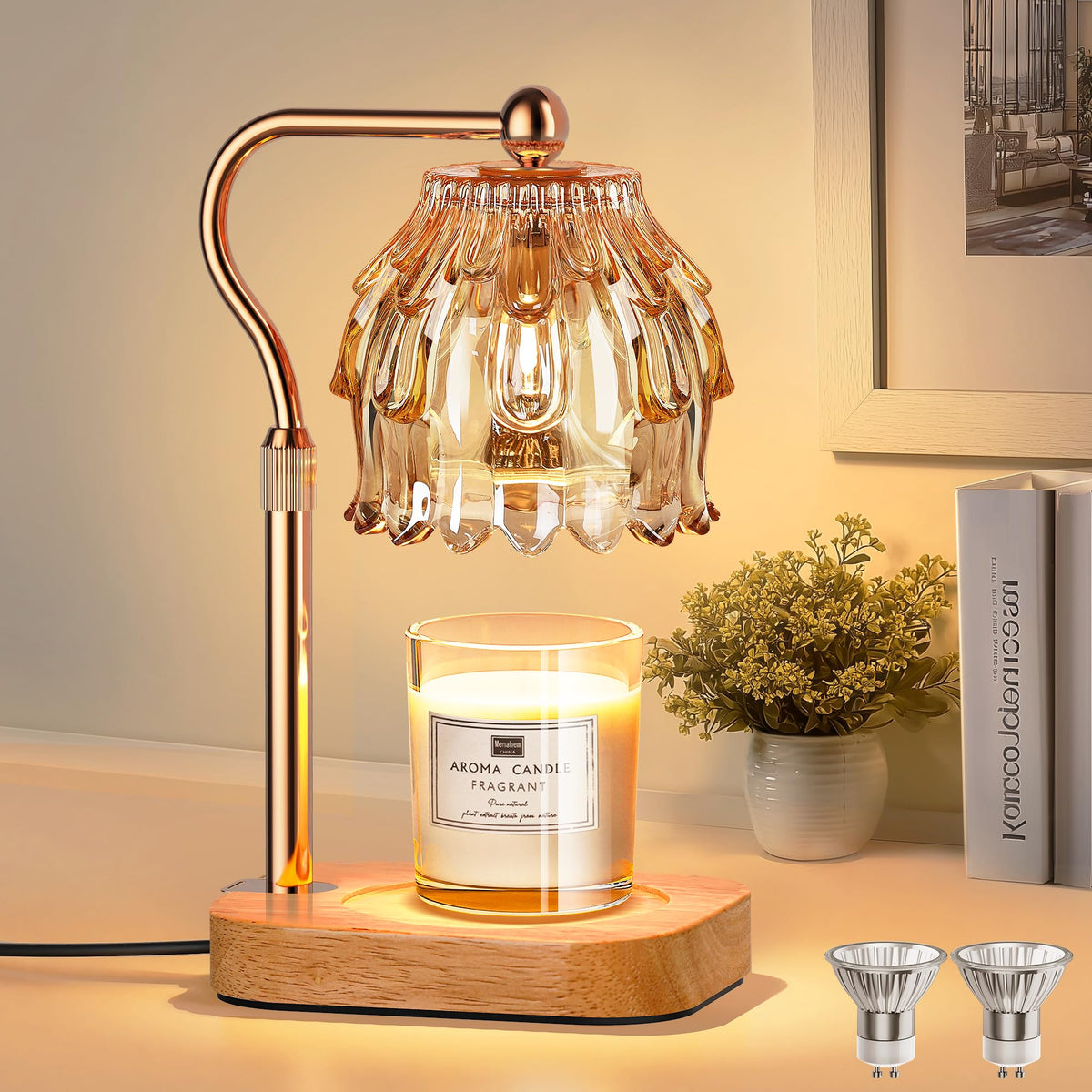QiMH candle warmer lamp with timer dimmer in gold amber finish for warm ambiance