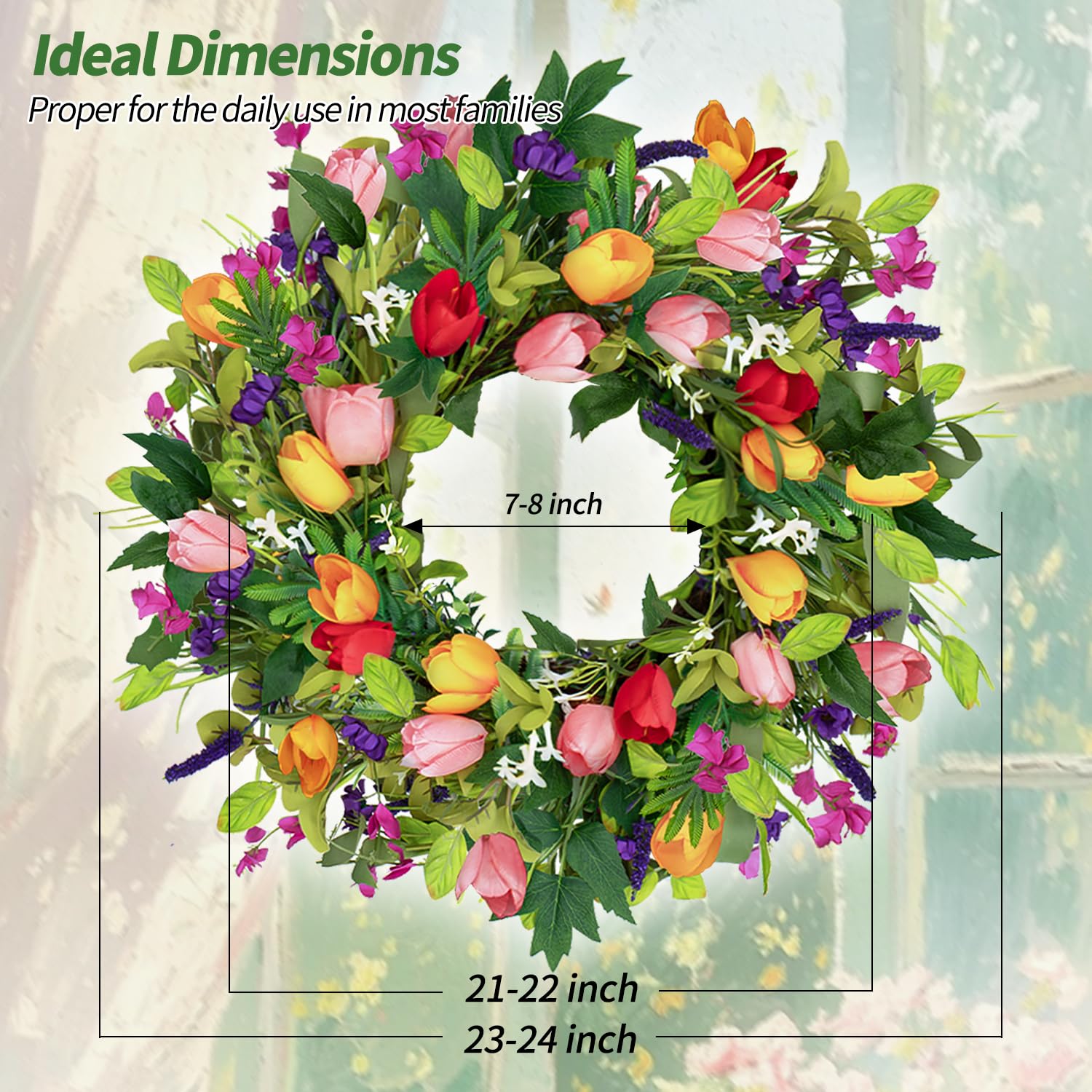 Qingbei Rina 22-inch wreath displays colorful tulips for all-season decoration