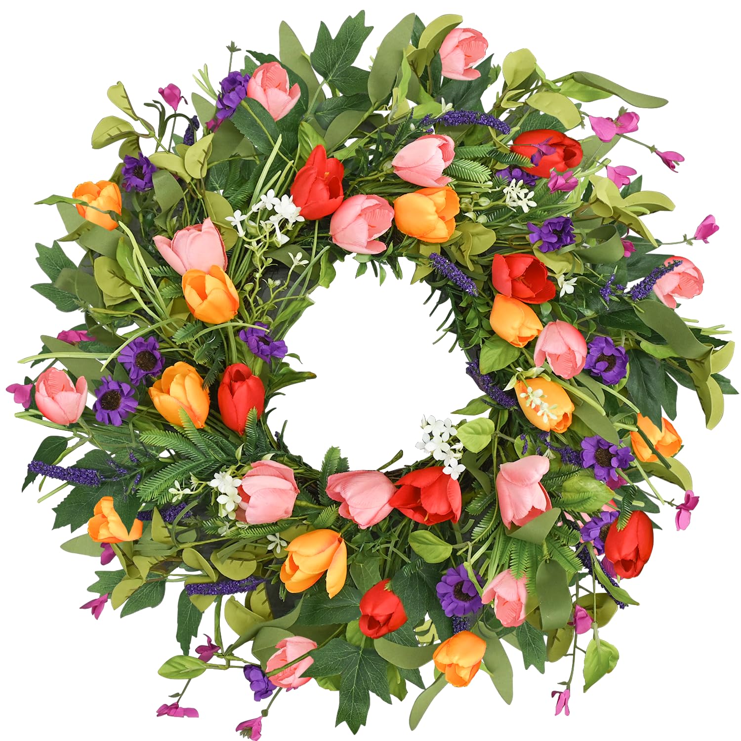 Qingbei Rina spring wreath front door with tulips and eucalyptus adds vibrant curb appeal