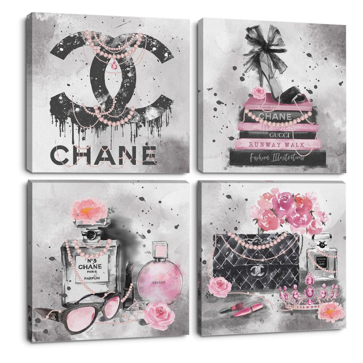QINGTAI pink fashion wall art set adds a stylish focal point to a women's bedroom with 8x8 inch canvases.
