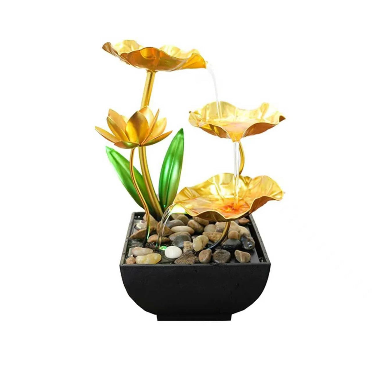 QINGYINGGE gold lotus tabletop fountain with cascading water for a calm desk focal point