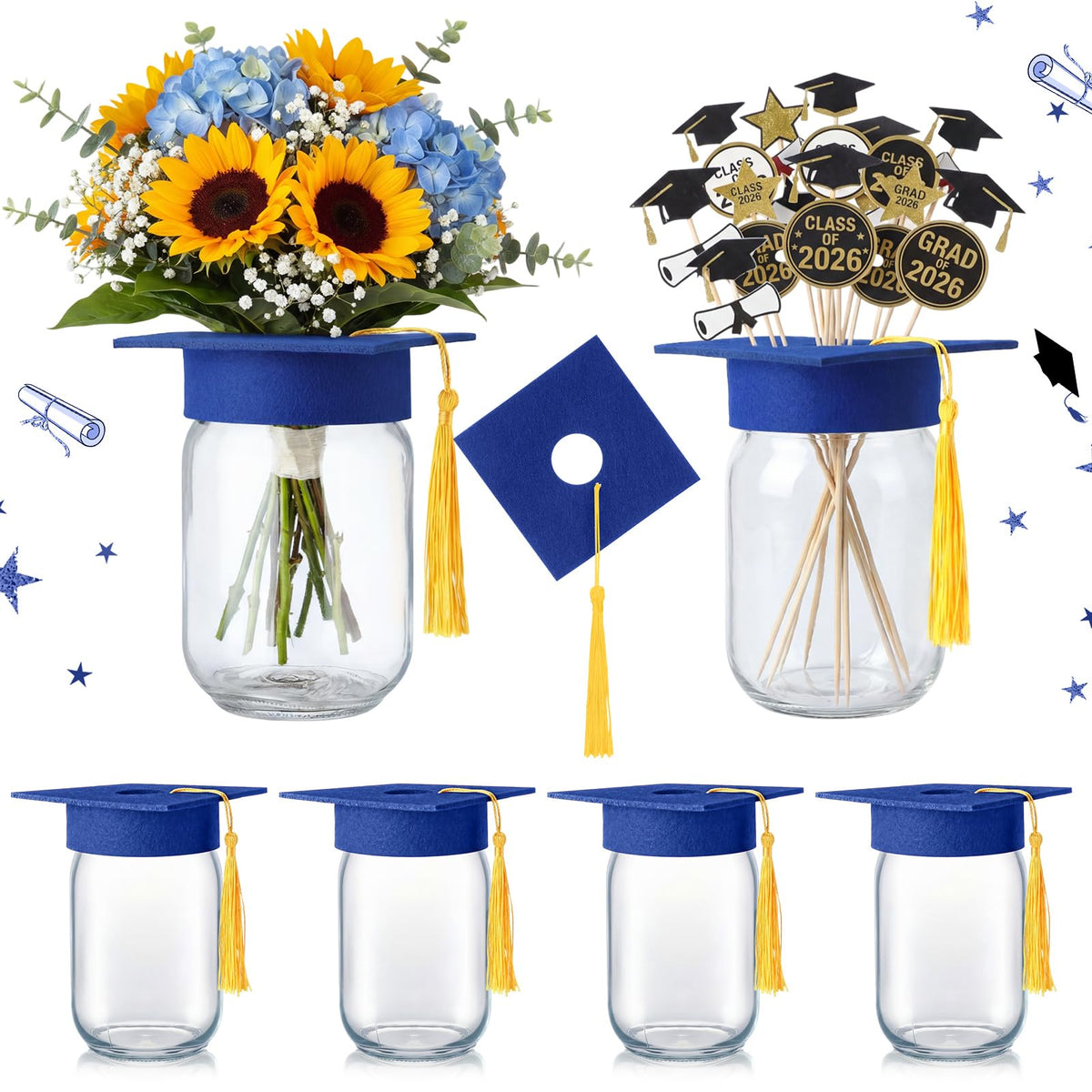 Qinyoung graduation cap jar blue cap detail for festive centerpieces and decor.