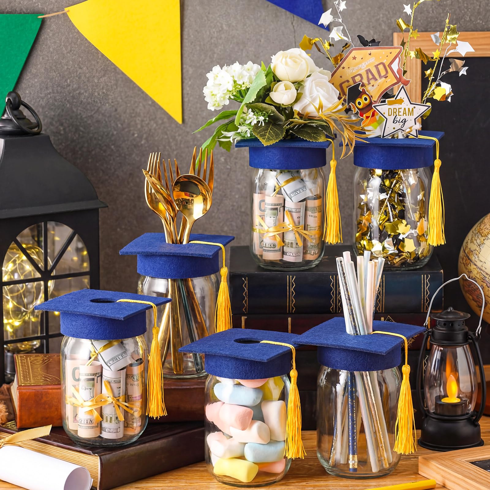 Qinyoung cap jar side view showcases sturdy glass and stylish tassel accent.