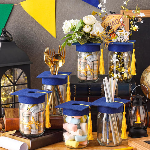 Qinyoung cap jar side view showcases sturdy glass and stylish tassel accent.