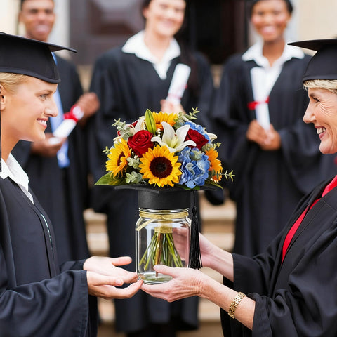 Qinyoung graduation cap jar on table highlights flowers display