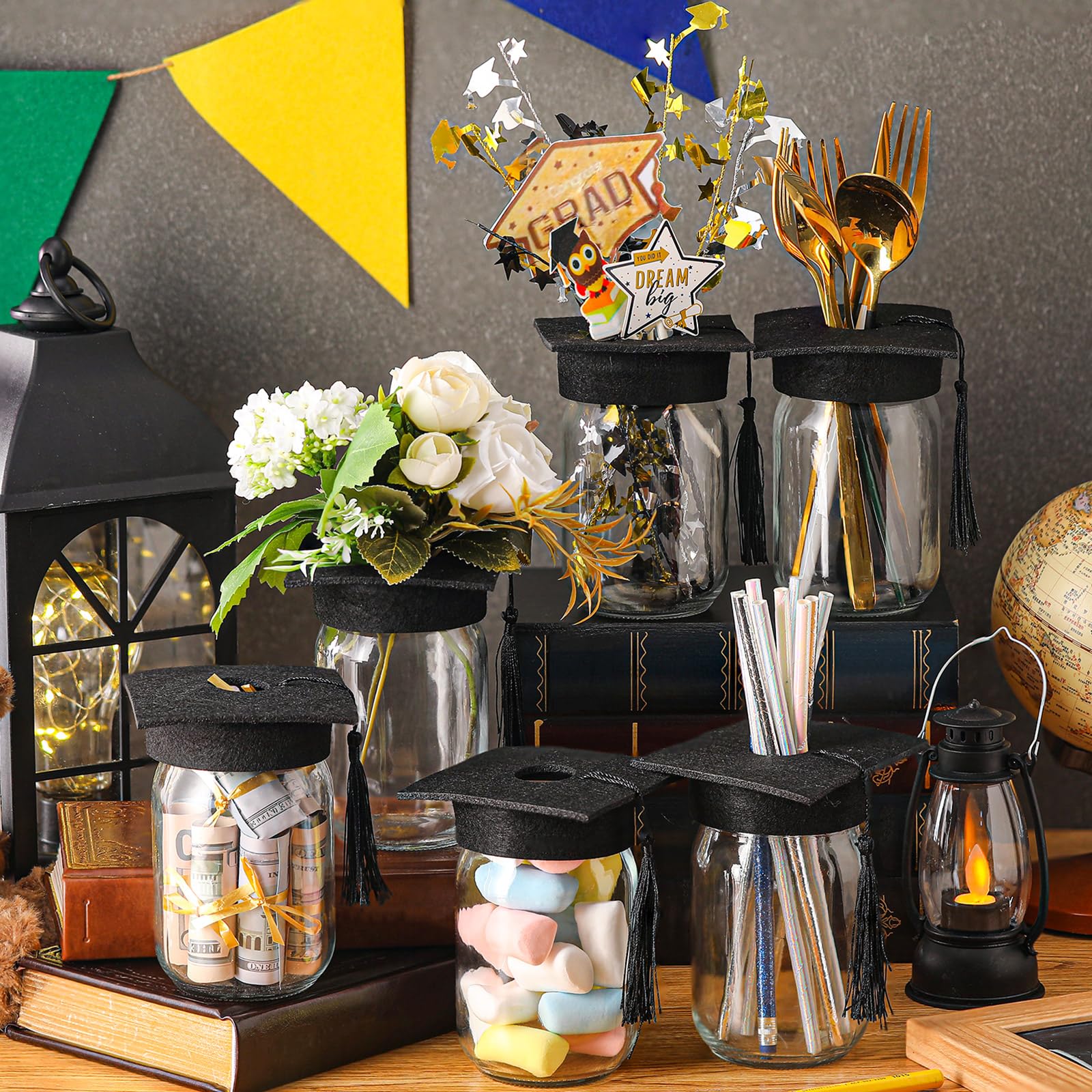 Qinyoung graduation cap jar with perforated cap detail supports floral inserts