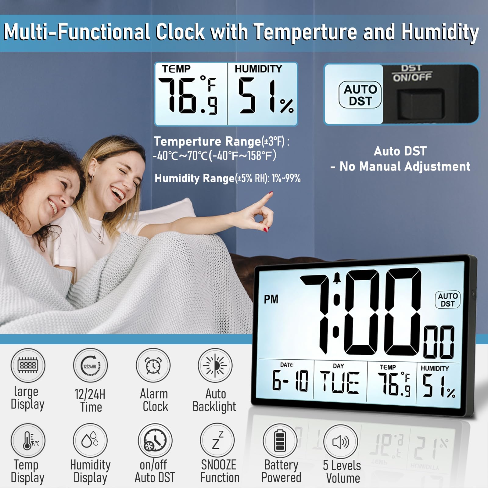 QINYUNE 9-inch clock with adjustable alarm volume for any environment.