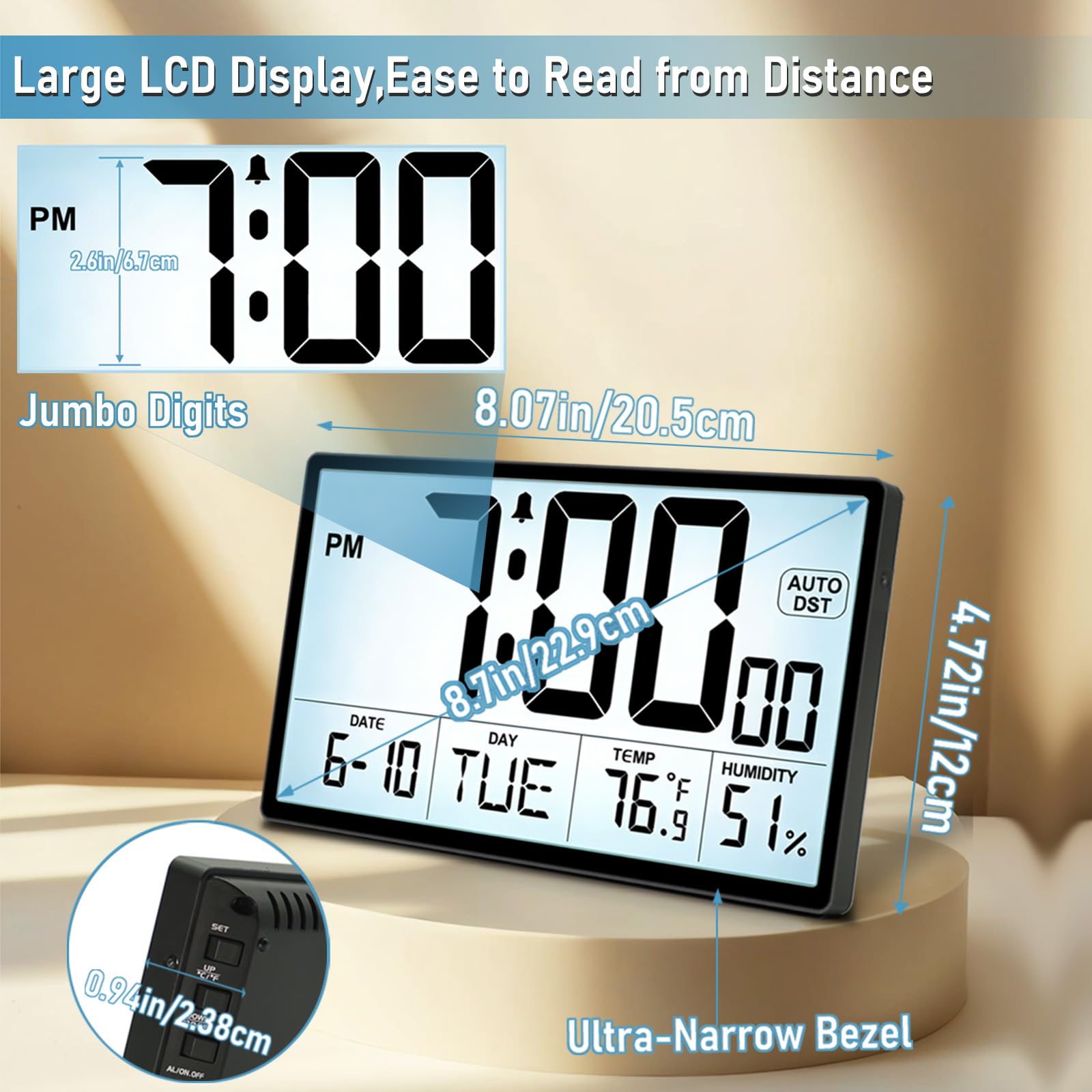 QINYUNE 9-inch clock auto DST updates time automatically.
