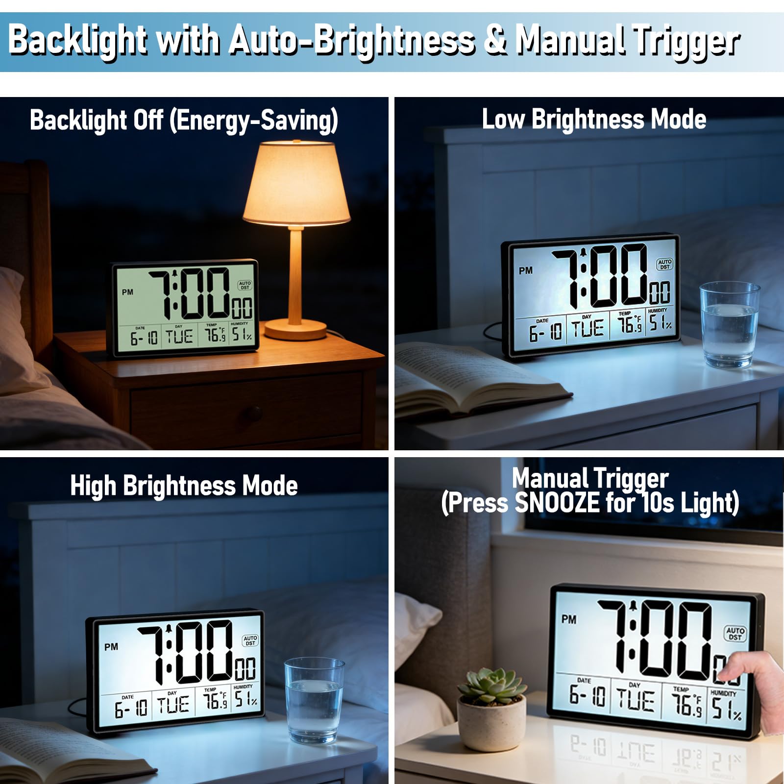QINYUNE 9-inch clock dual power supply for cordless or plug-in use.