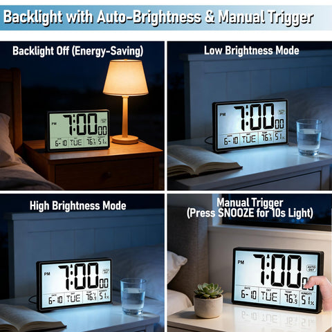 QINYUNE 9-inch clock dual power supply for cordless or plug-in use.