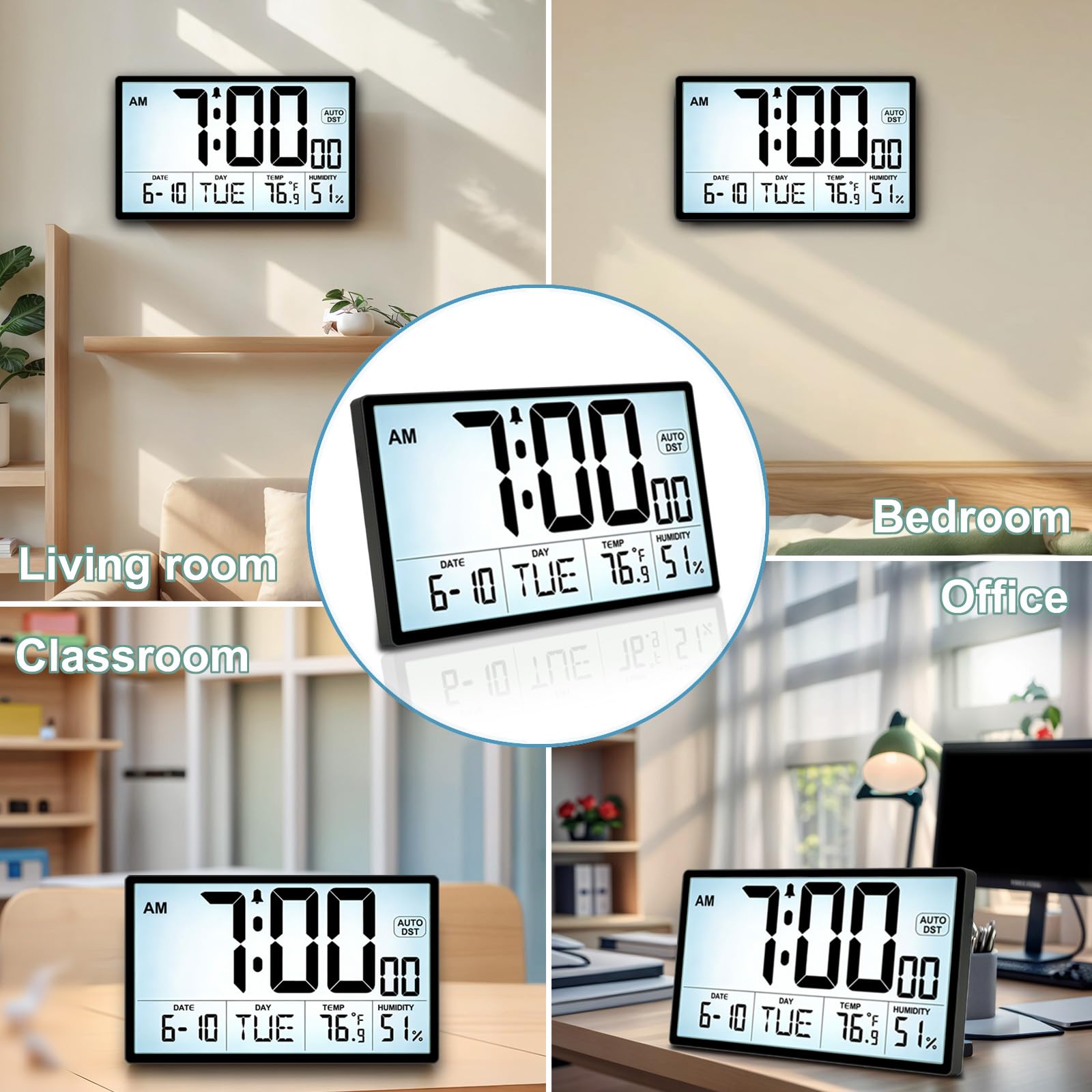QINYUNE 9-inch clock features large digits for easy readability.