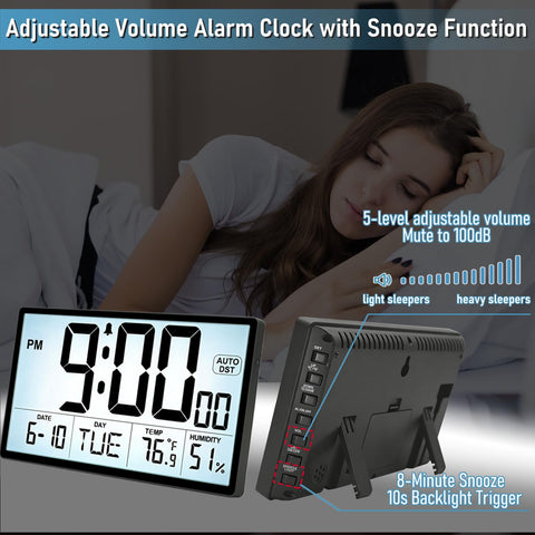 QINYUNE 9-inch clock shows temperature and humidity indoors.