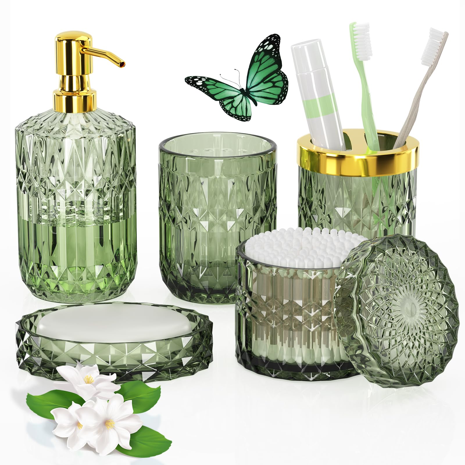 QIQU green glass bathroom dispenser showcases diamond-cut facets for a serene, organized sink