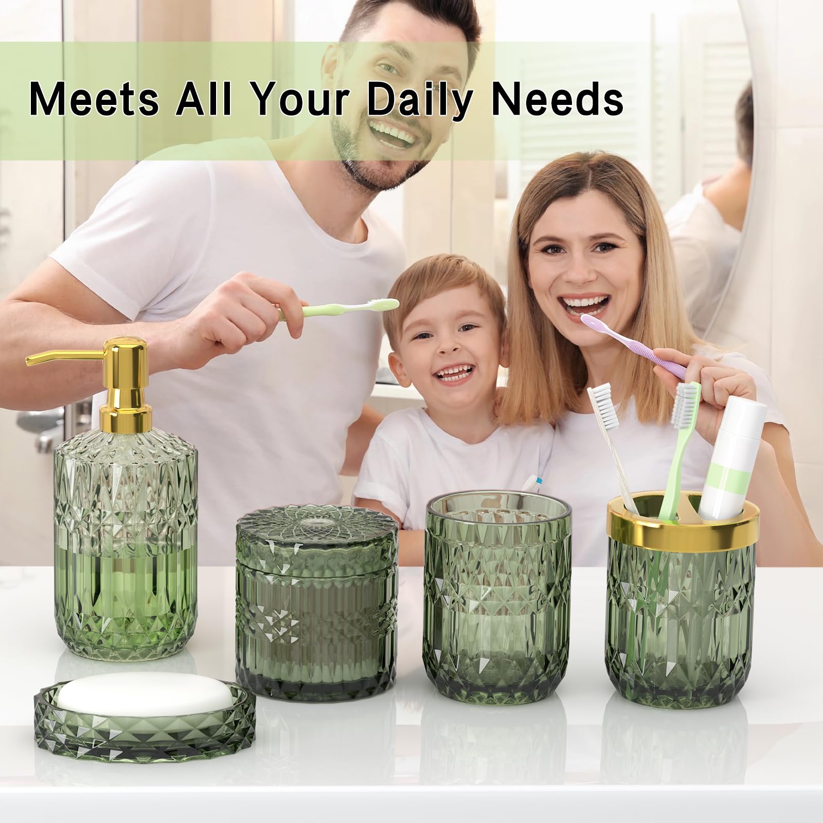 QIQU toothbrush holder in green glass keeps counters neat and stylish