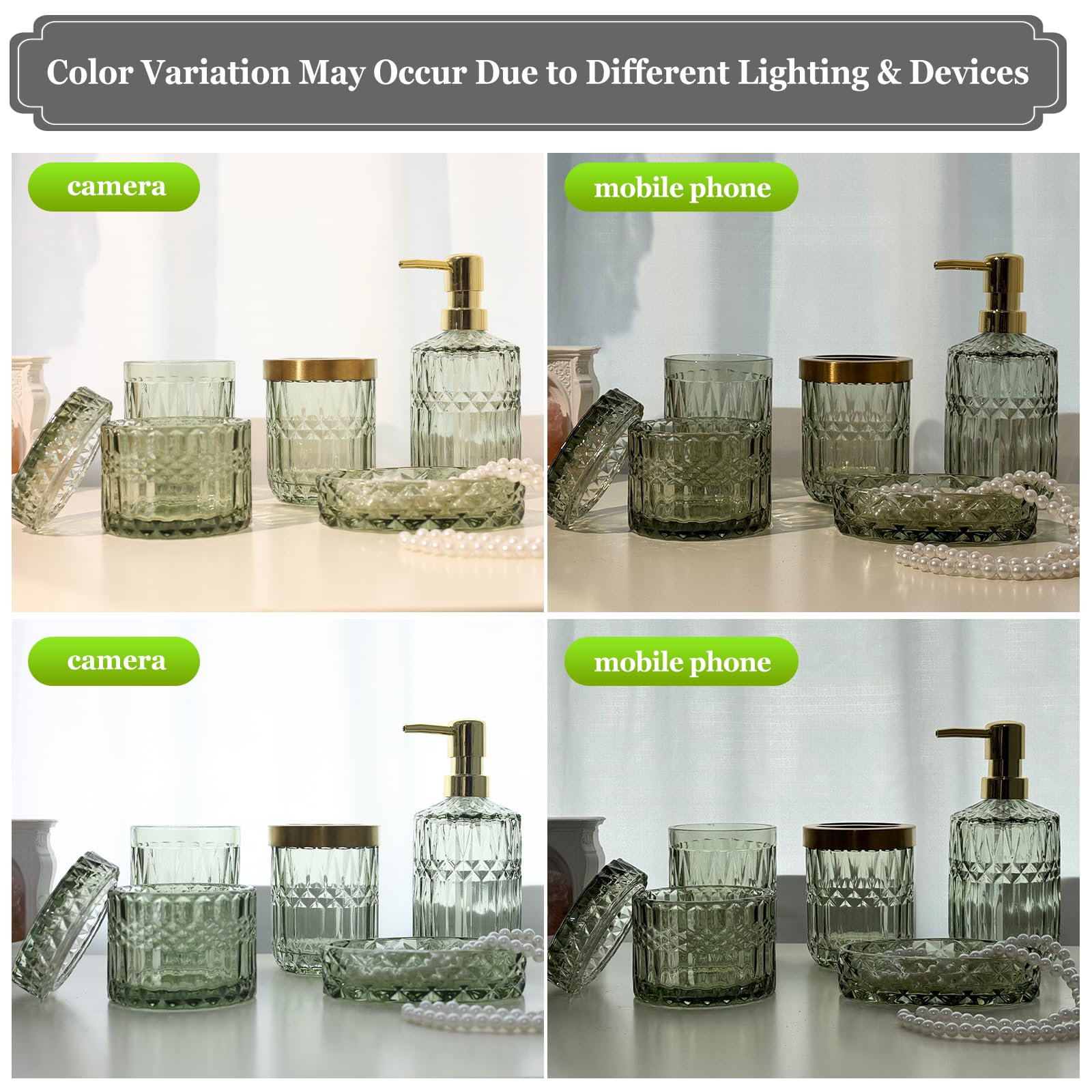 QIQU green glass vanity setup elevates bathroom decor with cohesive style