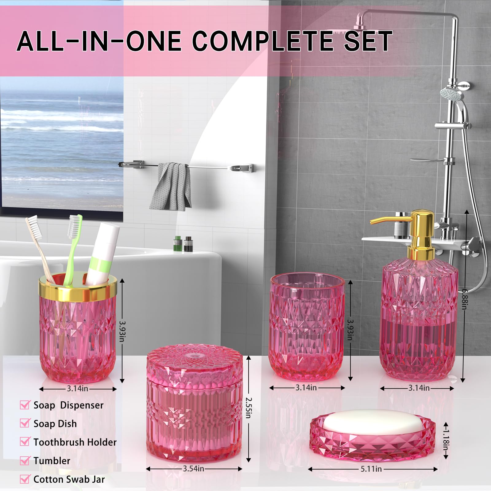 QIQU hot-pink glass bathroom set collection enhances vintage vanity