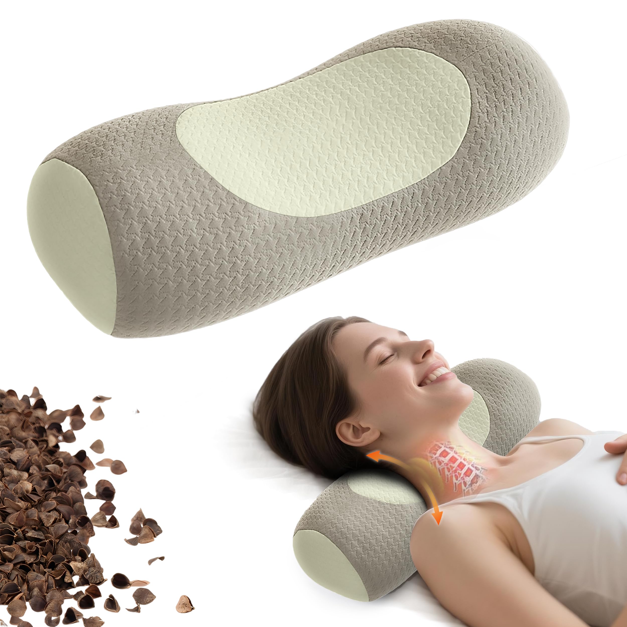 Qirelle buckwheat pillow front view shows ergonomic neck support for side sleepers.