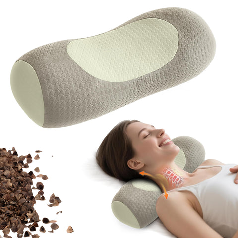 Qirelle buckwheat pillow front view shows ergonomic neck support for side sleepers.