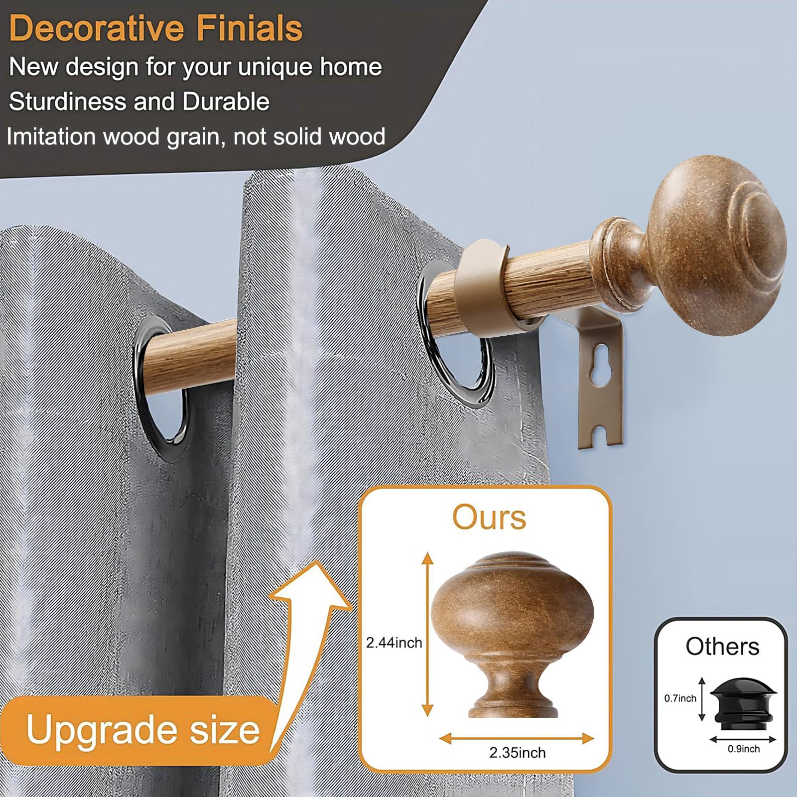 QITERI imitation wood grain finial adds rustic elegance to window treatment.
