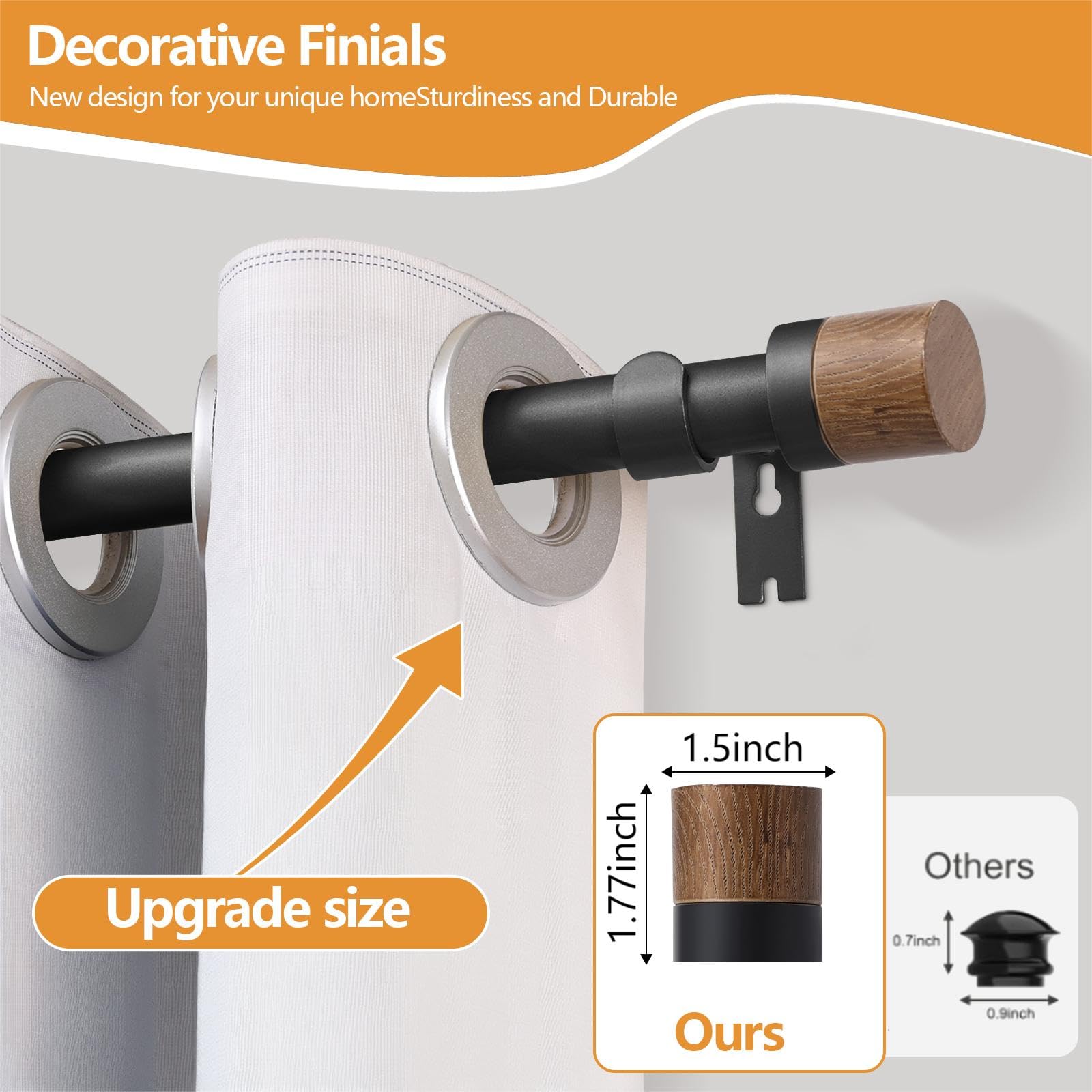 QITERI imitation wood grain finials highlighting stylish, timeless room décor.