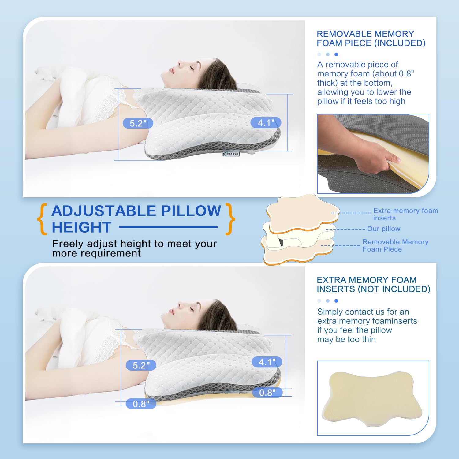 QIUBABYO adjustable-height pillow showing foam inserts for personalized loft.