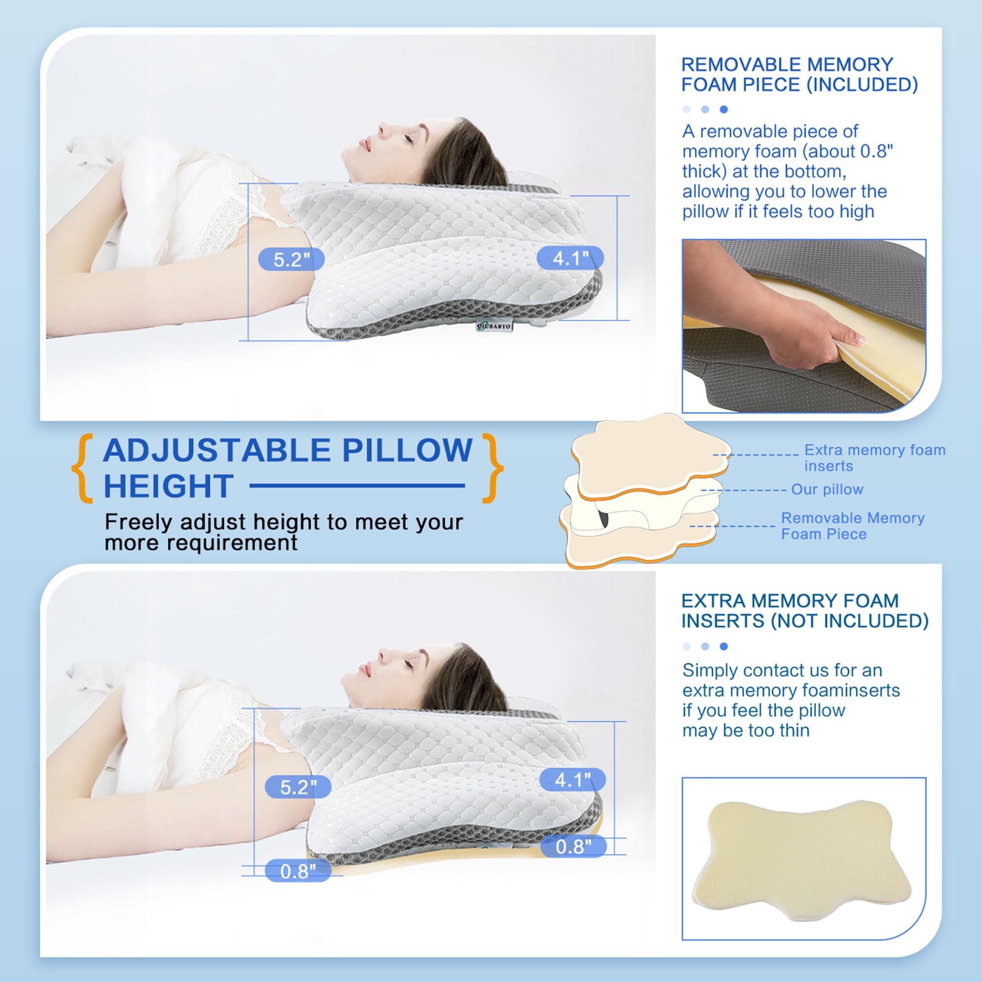QIUBABYO ergonomic memory foam nurtures natural spine curve for comfortable nights.