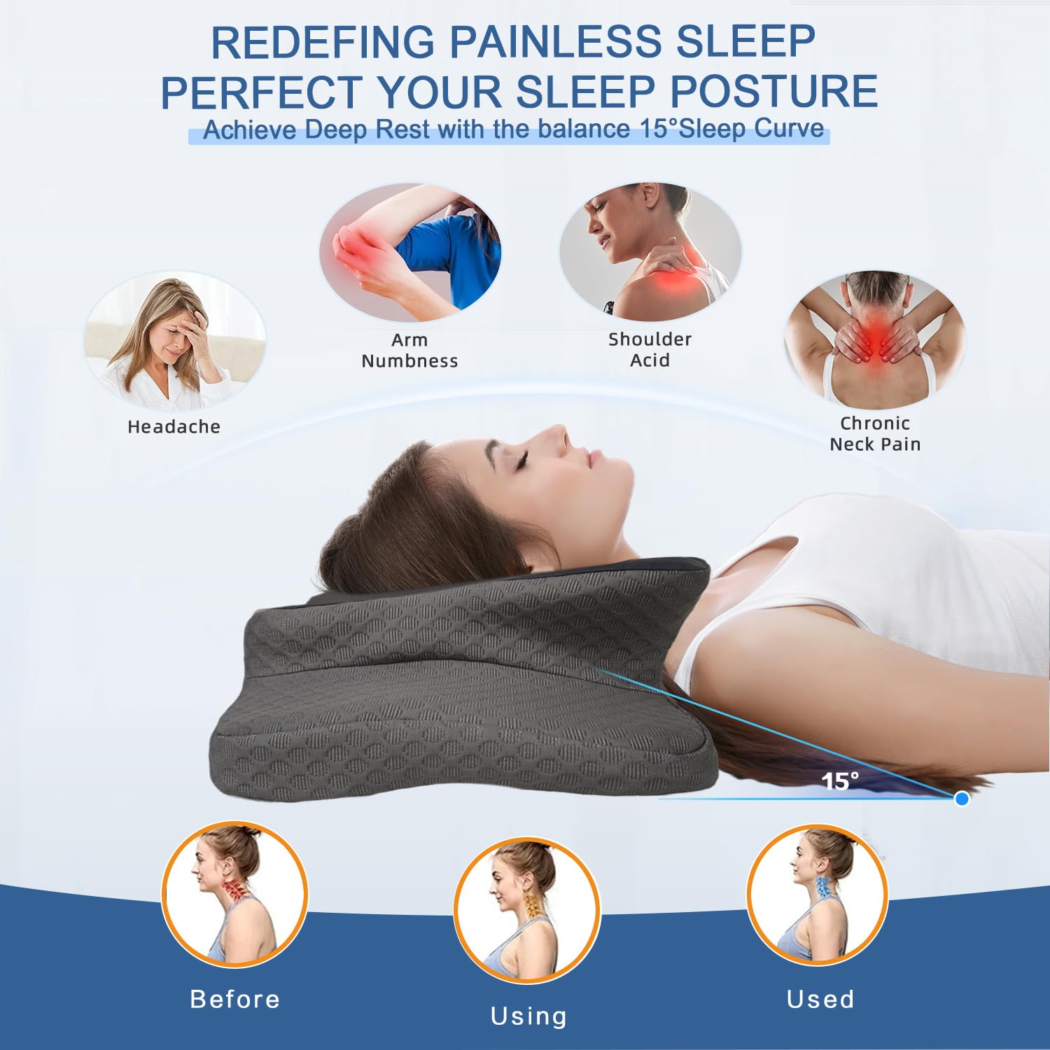 QIUBABYO ergonomic neck support pillow cradles the head for comfort.