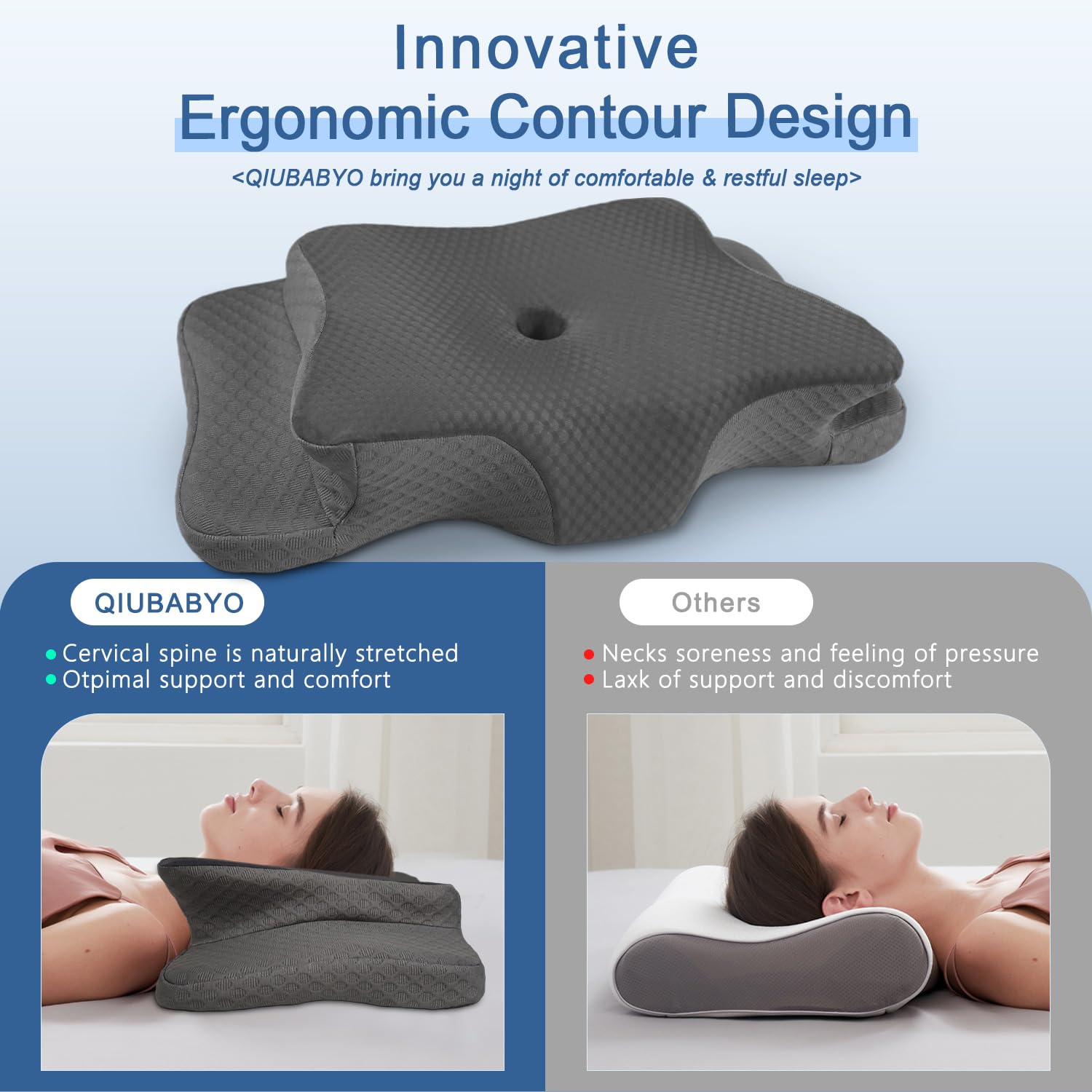 QIUBABYO odorless orthopedic pillow ensures a clean, restful night.