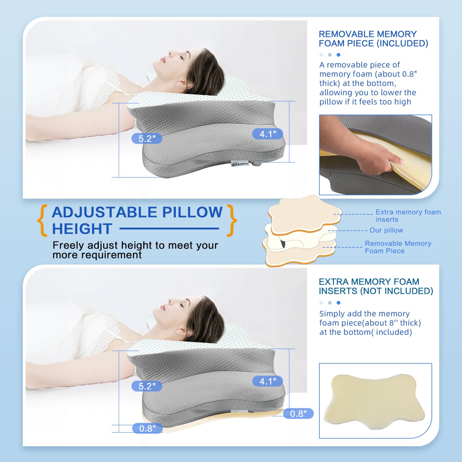 QIUBABYO adjustable-height pillow tailors loft for side back or stomach sleepers