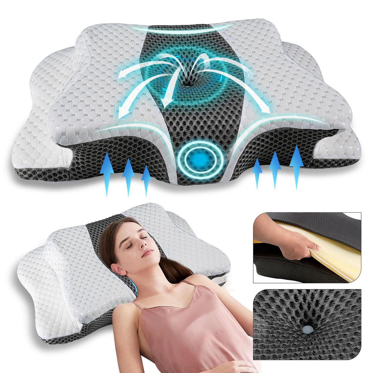 QIUBABYO pain relief cervical pillow with ergonomic contour for neck support.