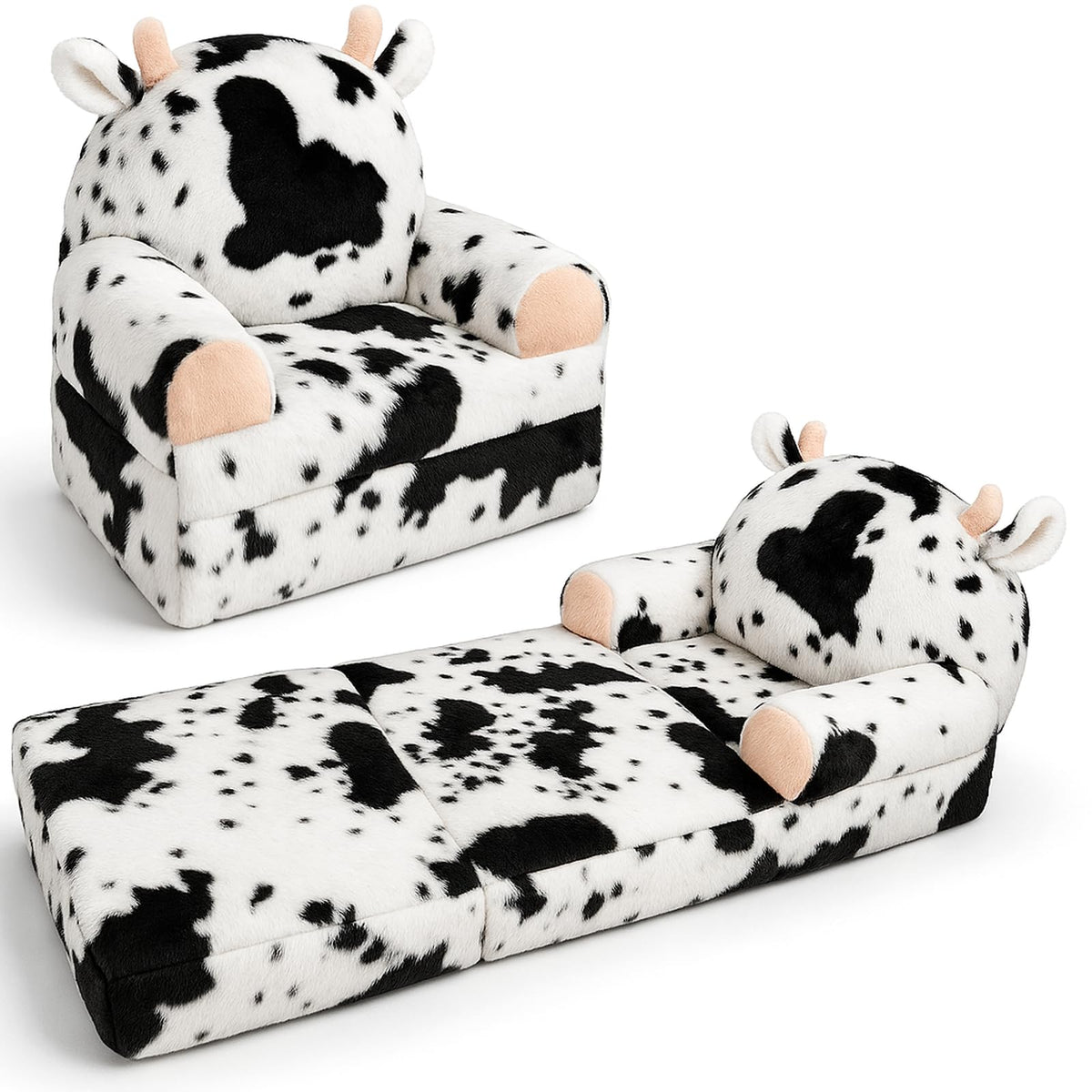 QIUODO toddler chair with cow pattern and plush faux fur for cozy seating.