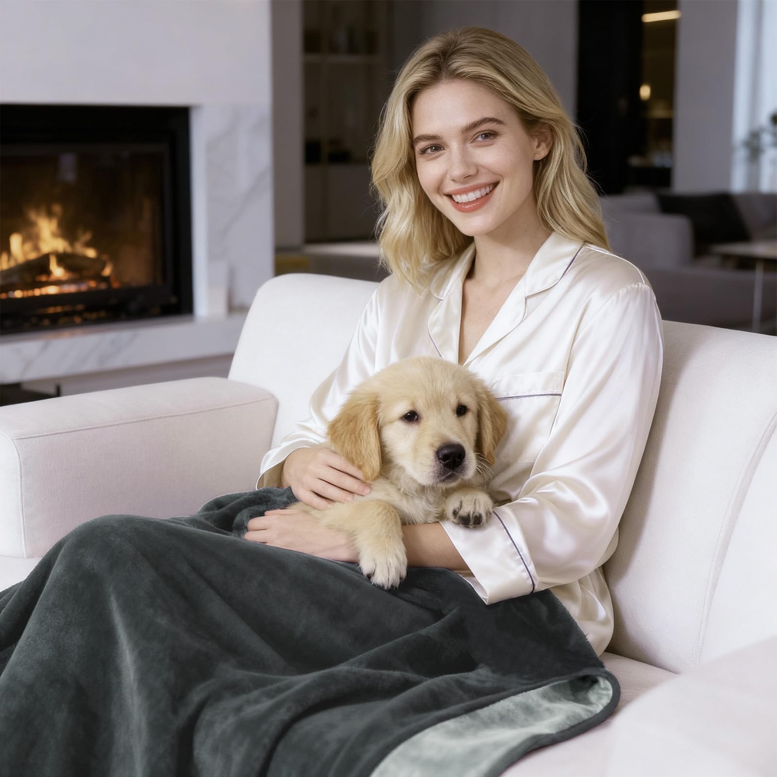 QiyI reversible blanket draped over couch for stylish protection.