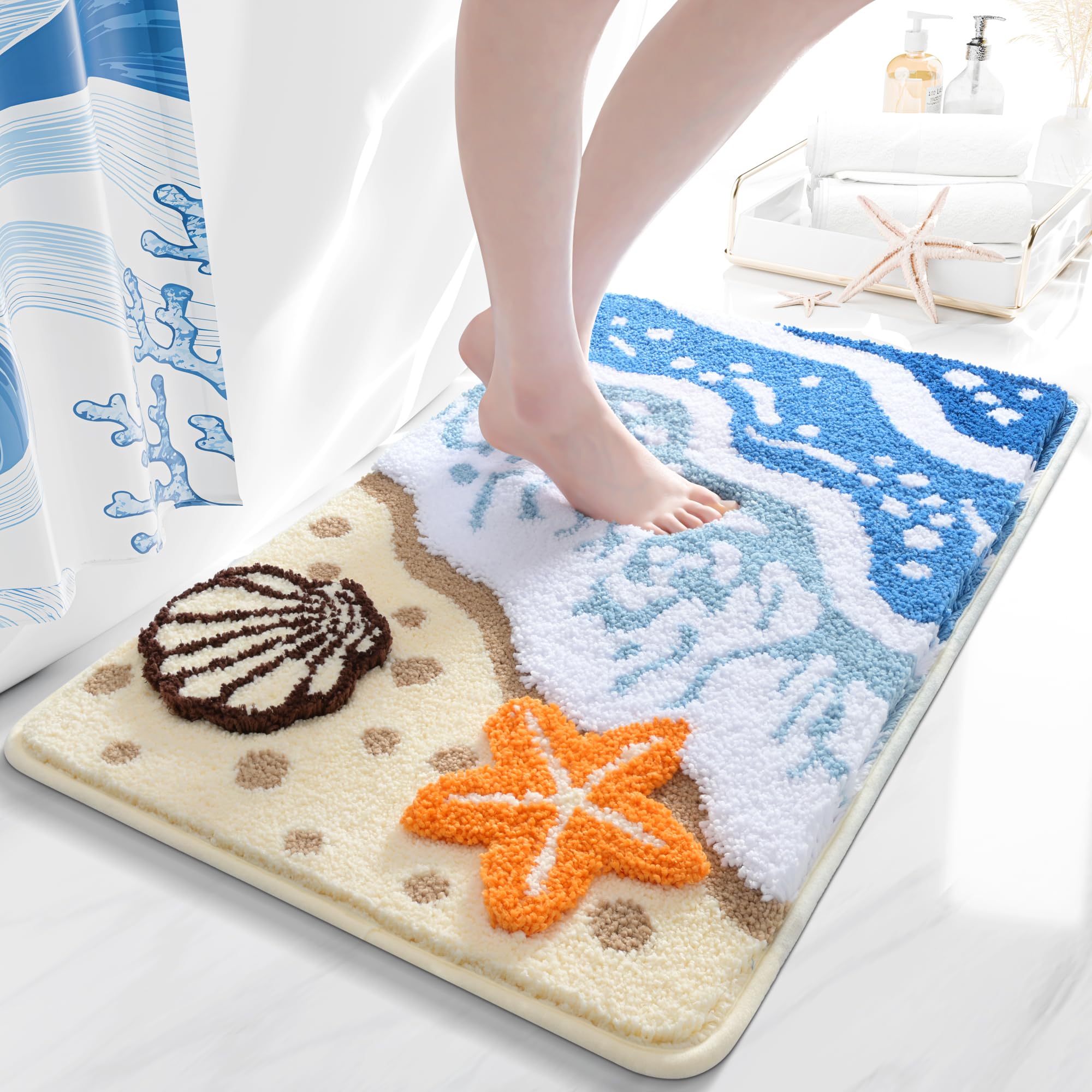 QJHOMO coastal rug waves closeup shows soft fibers for cozy bathroom warmth