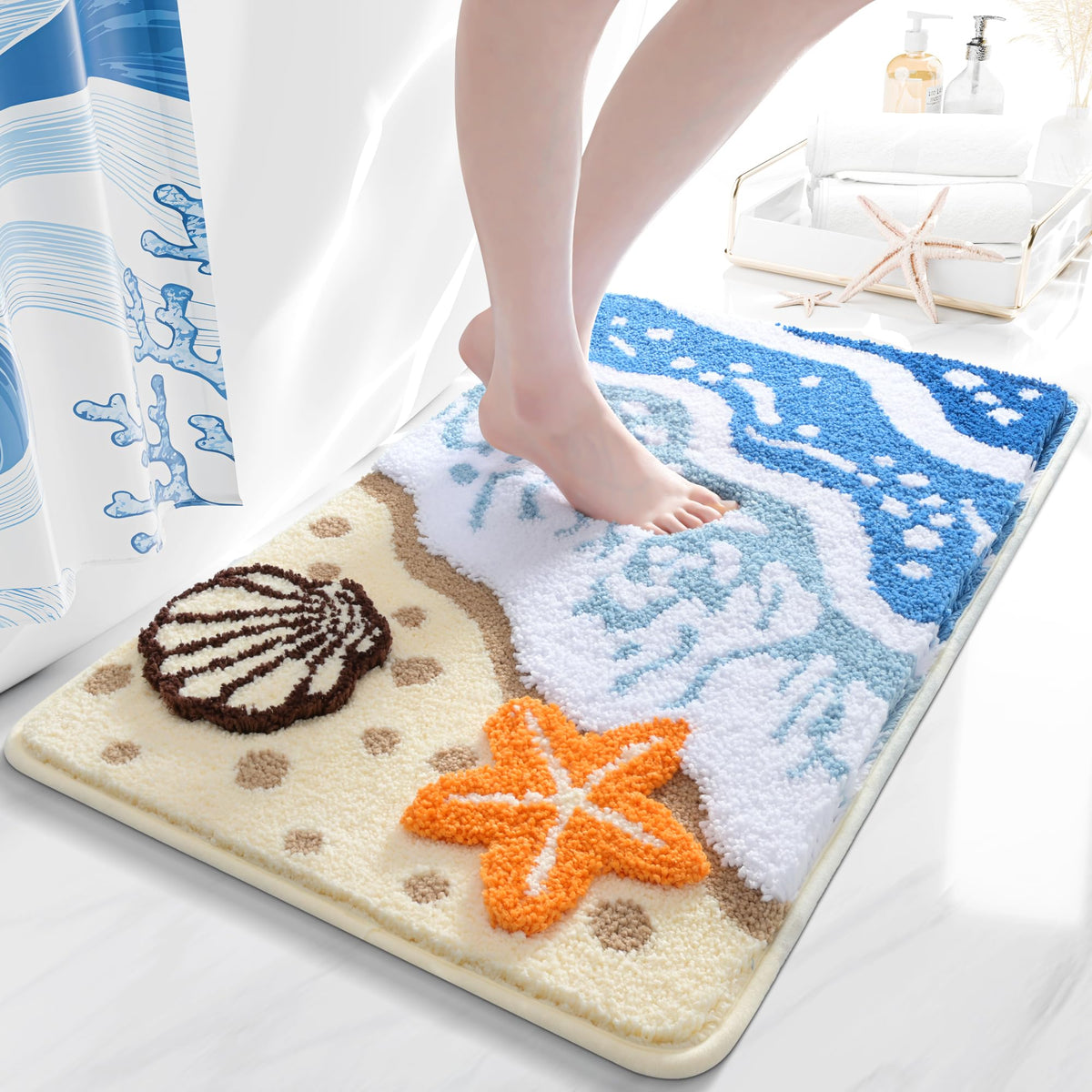 QJHOMO coastal rug waves closeup shows soft fibers for cozy bathroom warmth