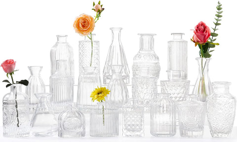 QLOFEI Glass Bud Vases set 20 with varied patterns for elegant centerpieces