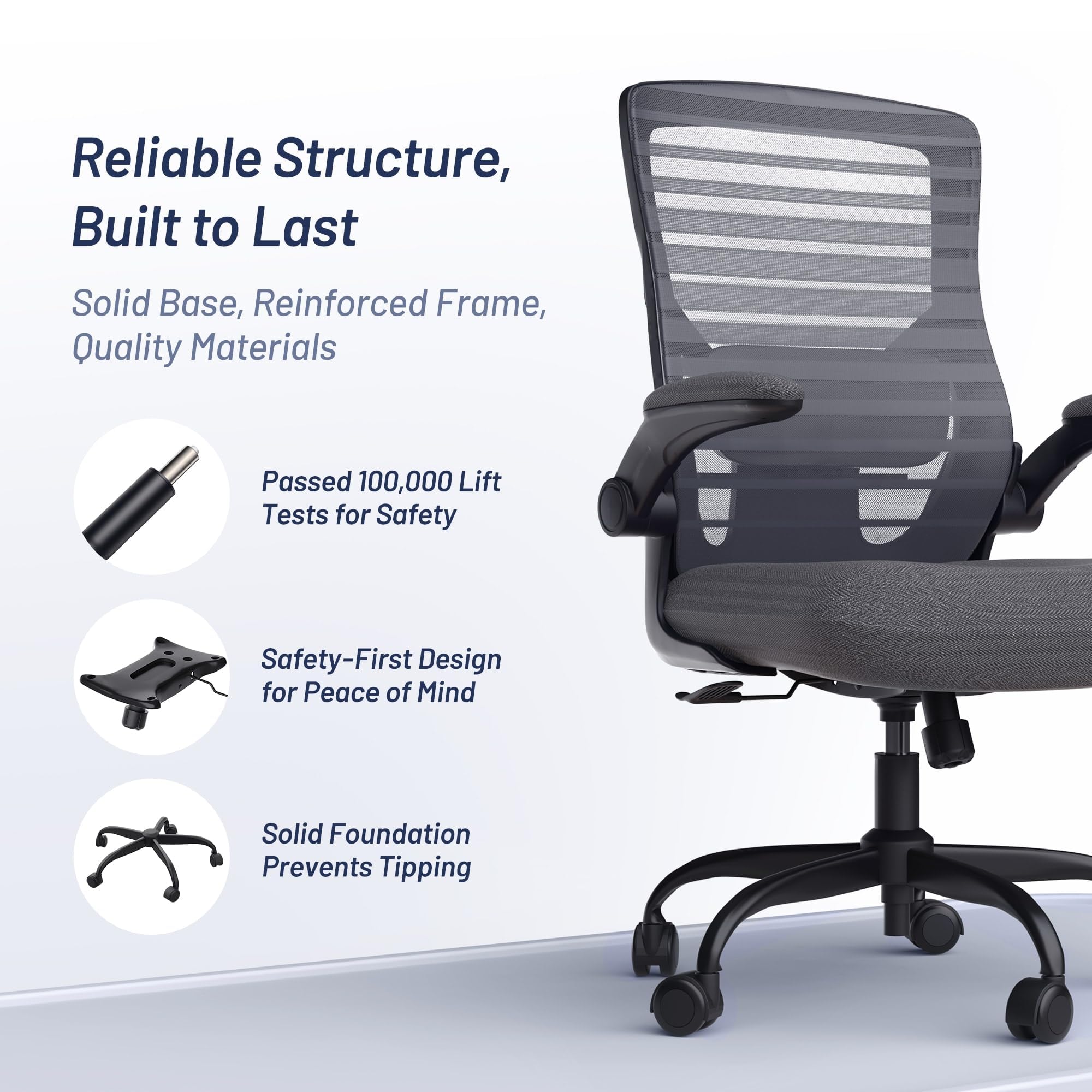 Ergonomic design supports comfortable 8+ hour workdays at the desk.